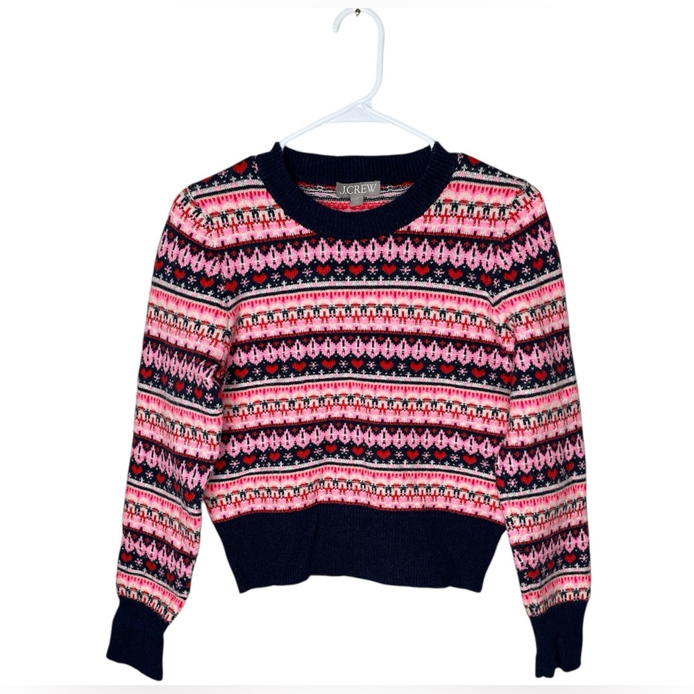 J. Crew Navy Shrunken Fair Isle Crewneck Sweater Size XS Pink Red Hearts - Picture 2 of 9